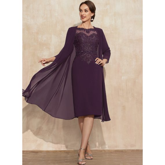 Sheath/Column Scoop Knee-length Chiffon Lace Mother of the Bride Dress With Beading