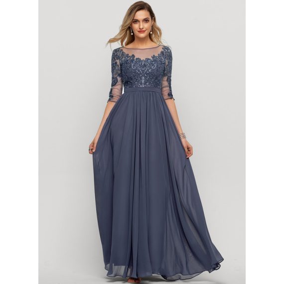 A-Line Scoop Illusion Floor-Length Chiffon Lace Evening Dress With Sequins