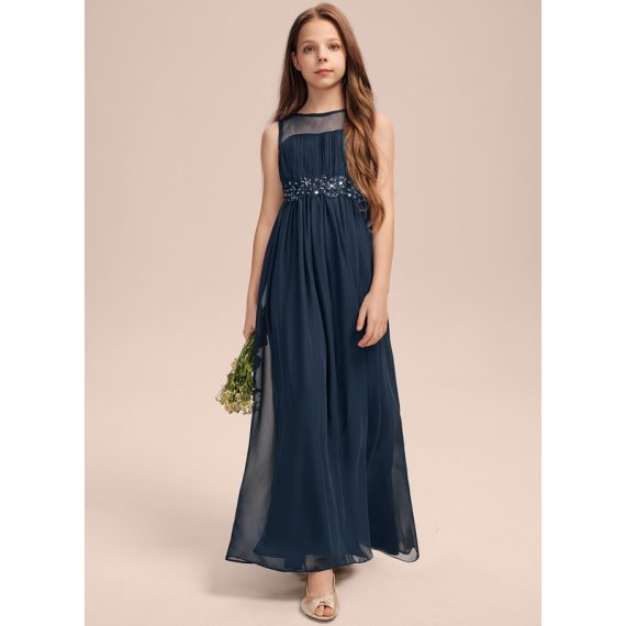 A-Line Scoop Floor-Length Chiffon Junior Bridesmaid Dress With Pleated Rhinestone