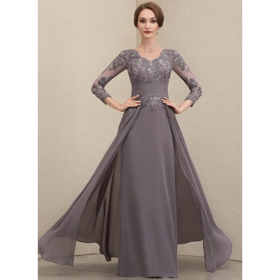 A-Line V-neck Floor-Length Chiffon Lace Mother of the Bride Dress With Pleated