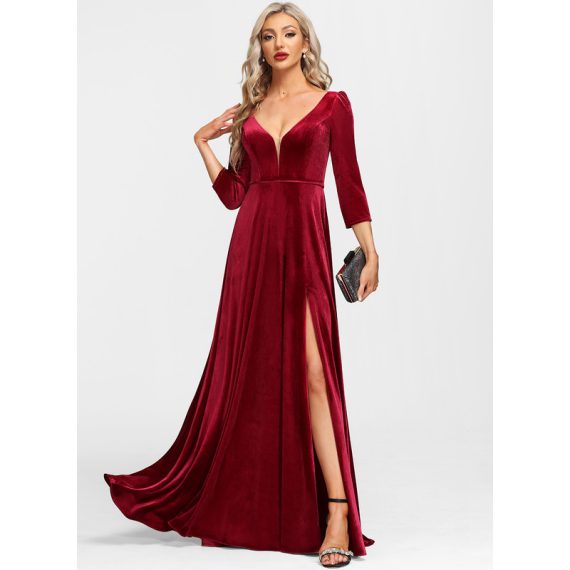 A-Line V-neck Floor-Length Velvet Evening Dress