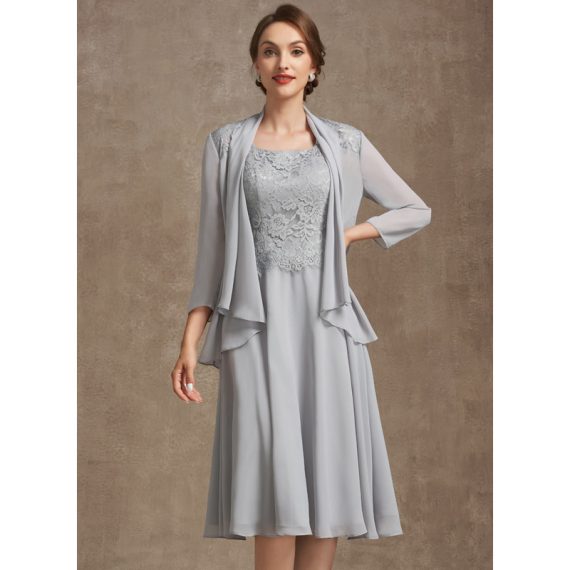 A-line Square Knee-length Chiffon Lace Mother of the Bride Dress