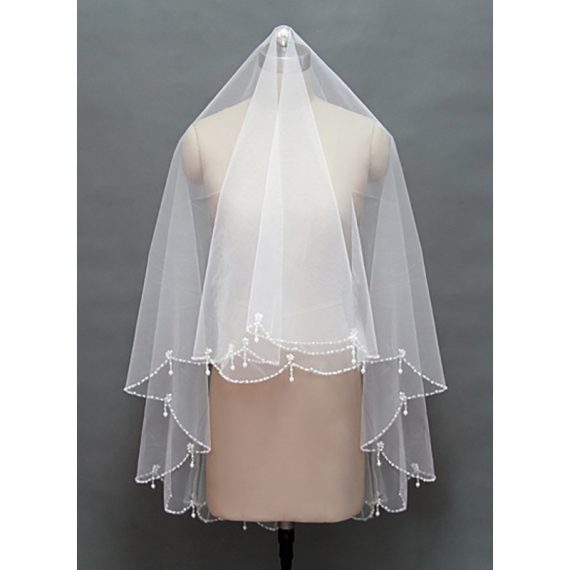 Two-tier Sequin Trim Edge Fingertip Bridal Veils With Sequin