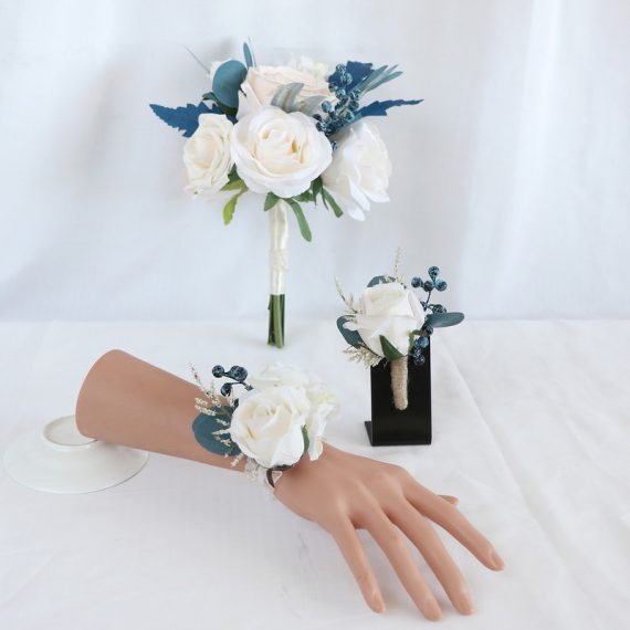 Romantic Round Silk Flower Wedding Bouquet sets (set of 3) - Wrist Corsage/Boutonniere/Bridal Bouquets