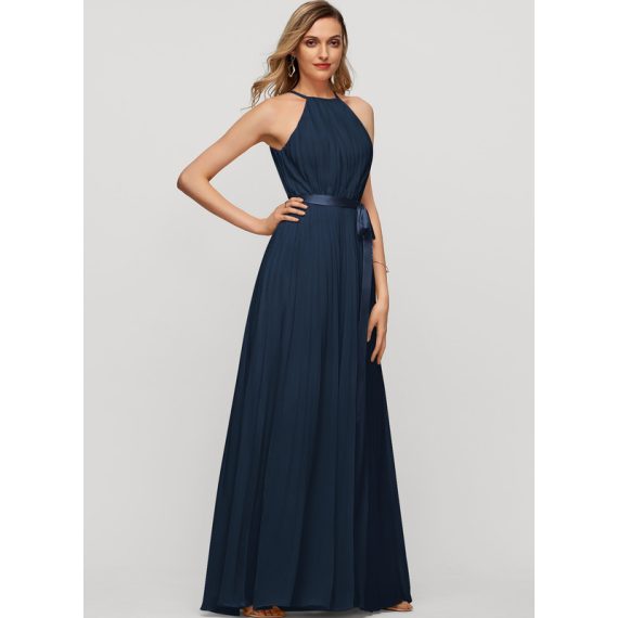 A-Line Scoop Floor-Length Chiffon Charmeuse Evening Dress With Bow(s) Pleated