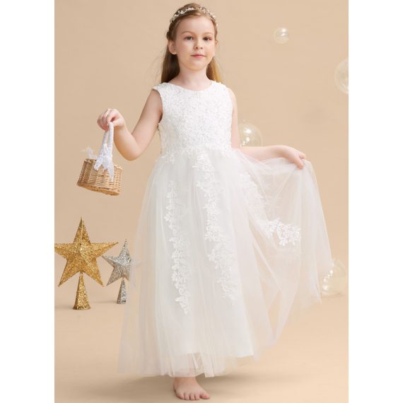 Ball-Gown/Princess Scoop Ankle-Length Satin/Tulle Flower Girl Dress