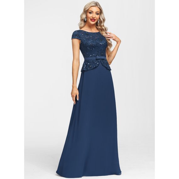 A-Line Scoop Floor-Length Chiffon Lace Evening Dress With Sequins Bow(s)