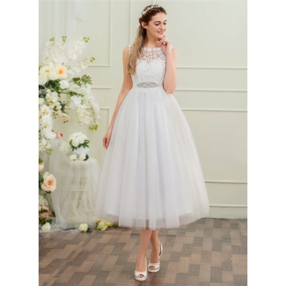 Ball-Gown/Princess Tea-Length Satin Tulle Lace Wedding Dress With Beading Sequins
