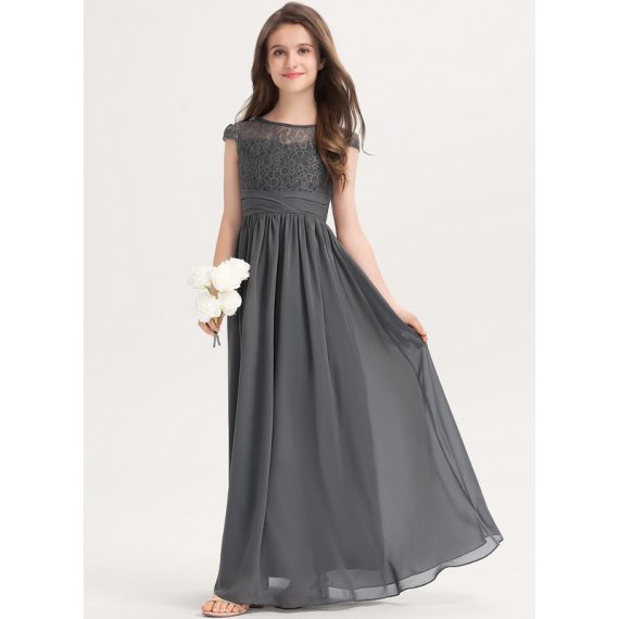 A-Line Scoop Floor-Length Chiffon Lace Junior Bridesmaid Dress