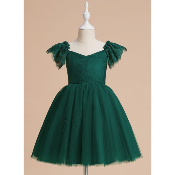 A-line V-Neck Knee-Length Lace/Tulle Flower Girl Dress