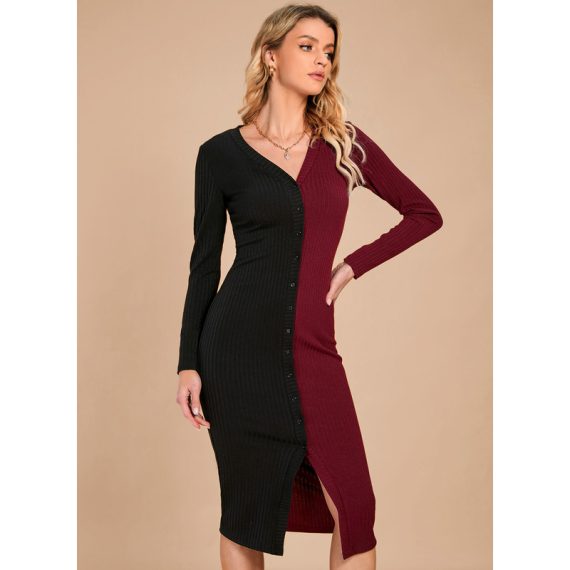 V-Neck Long Sleeves Elegant Bodycon Cotton Blends Midi Dresses