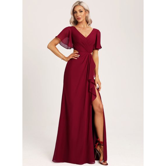 A-Line V-neck Floor-Length Chiffon Bridesmaid Dress With Ruffle