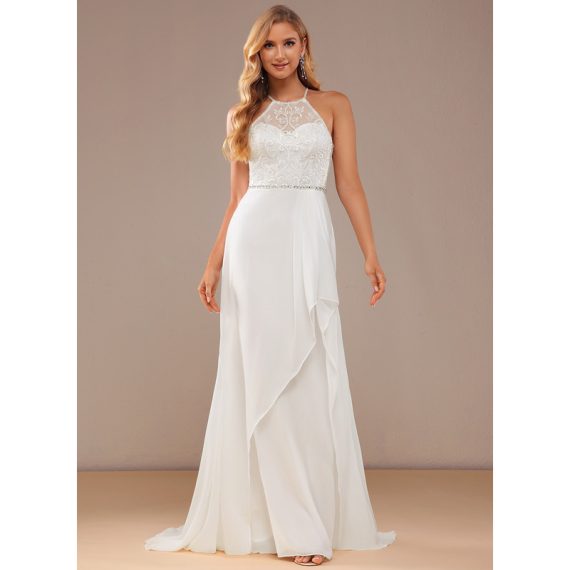 A-Line High Neck Sweep Train Chiffon Lace Wedding Dress With Beading Sequins