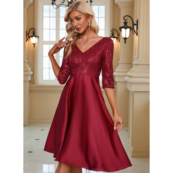 Sequins V-Neck 3/4 Sleeves Elegant A-line Satin Midi Dresses