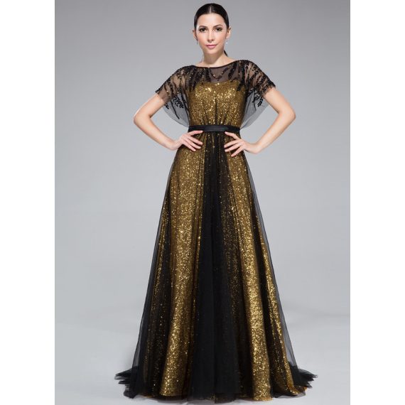 A-Line Scoop Illusion Sweep Train Tulle Charmeuse Sequined Evening Dress With Beading Pleated