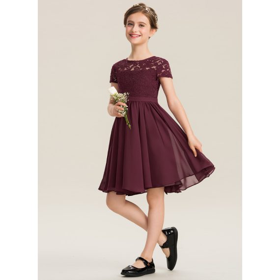 A-Line Scoop Knee-Length Chiffon Lace Junior Bridesmaid Dress With Bow(s)
