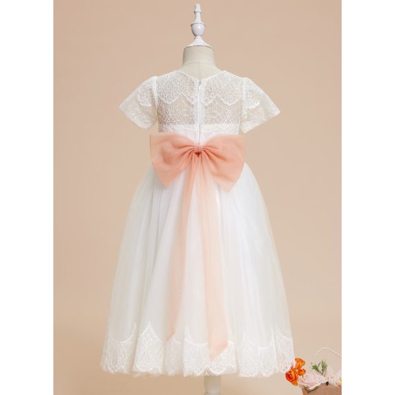 A-line Scoop Tea-Length Lace/Tulle Flower Girl Dress