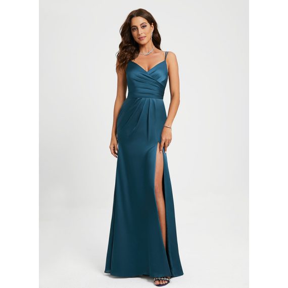 Sheath/Column V-Neck Floor-length Satin Prom Dresses With Pleated