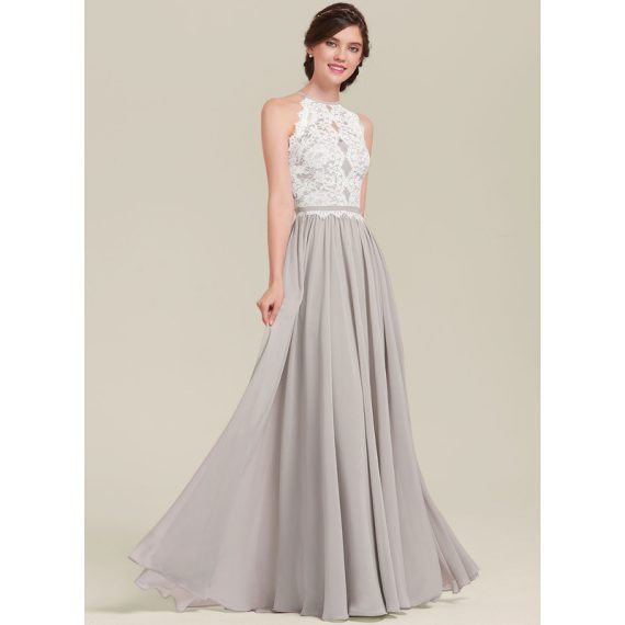 A-Line Scoop Floor-Length Chiffon Lace Bridesmaid Dress