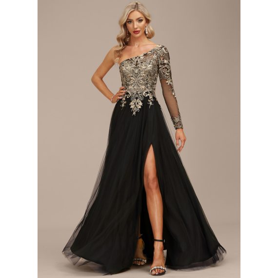 A-Line One-Shoulder Floor-Length Tulle Lace Evening Dress With Sequins
