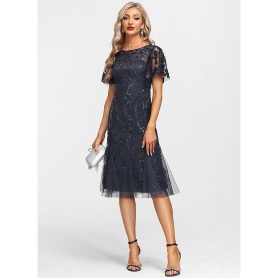 Trumpet/Mermaid Scoop Illusion Knee-Length Tulle Lace Evening Dress With Sequins