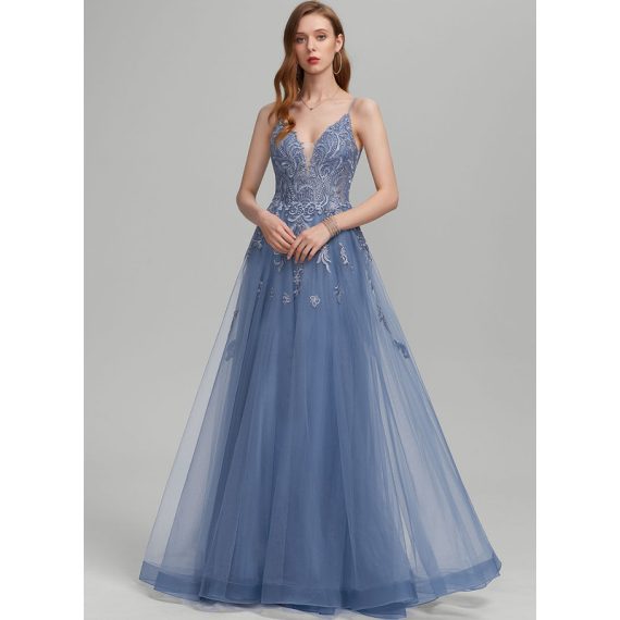 A-Line V-neck Floor-Length Tulle Lace Prom Dresses With Sequins