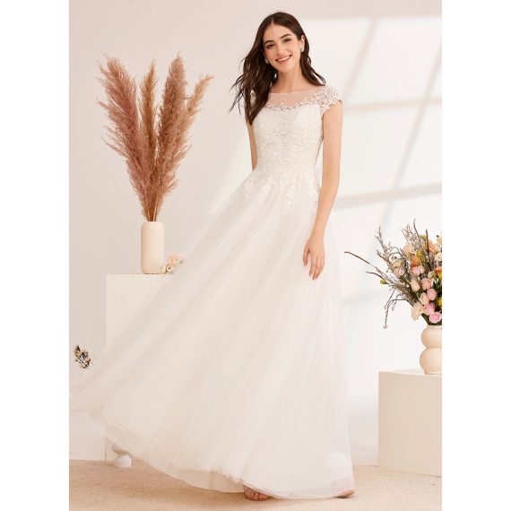 Ball-Gown/Princess Illusion Floor-Length Tulle Lace Wedding Dress