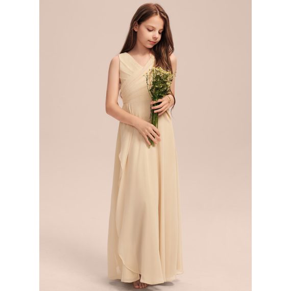 A-Line V-neck Floor-Length Chiffon Junior Bridesmaid Dress With Pleated