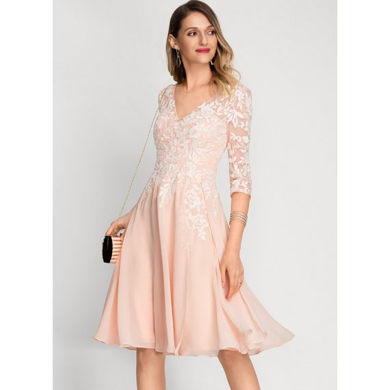 A-Line V-neck Knee-Length Chiffon Lace Cocktail Dress With Sequins