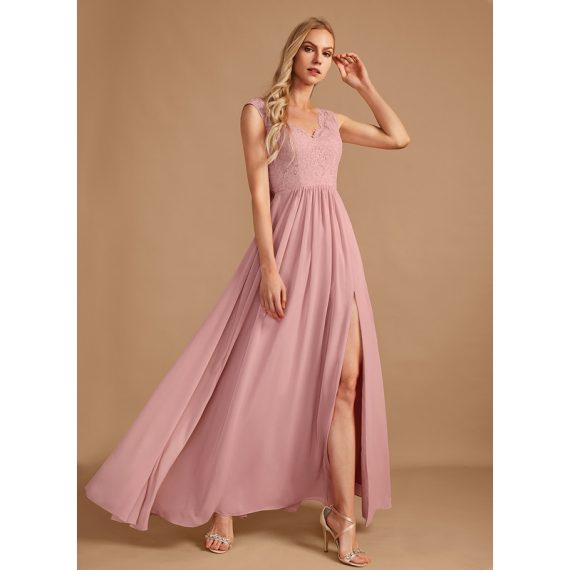 A-Line V-neck Floor-Length Chiffon Lace Bridesmaid Dress