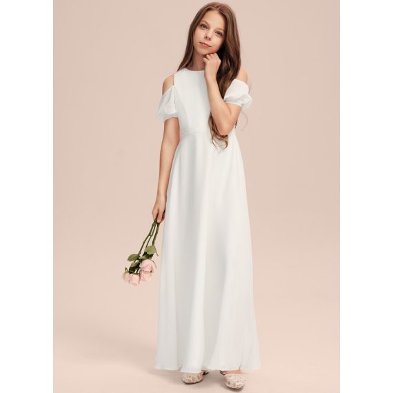 A-Line Scoop Floor-Length Chiffon Junior Bridesmaid Dress With Bow(s)
