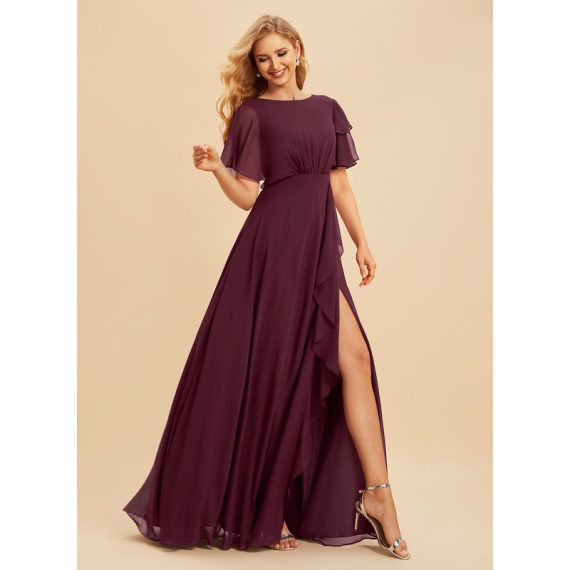 A-Line Scoop Neck Floor-Length Chiffon Bridesmaid Dress With Ruffle Split Front