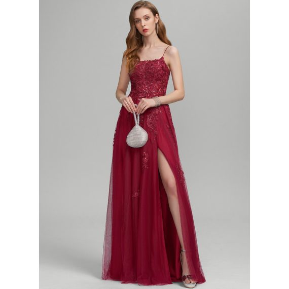 A-line Square Floor-Length Lace Tulle Prom Dresses With Sequins