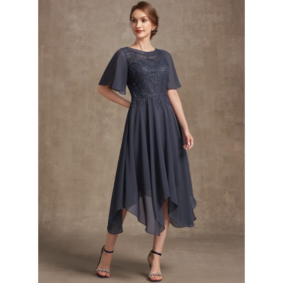 A-line Scoop Tea-length Chiffon Lace Mother of the Bride Dress With Sequins