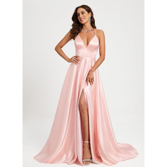 A-line V-Neck Sweep Train Satin Prom Dresses
