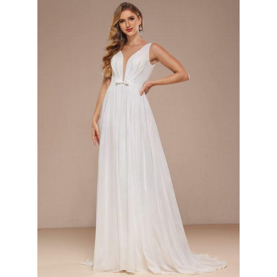A-Line V-neck Sweep Train Chiffon Wedding Dress With Bow(s)