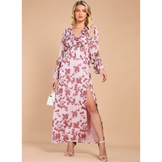 V-Neck Long Sleeves Elegant A-line Chiffon Maxi Dresses
