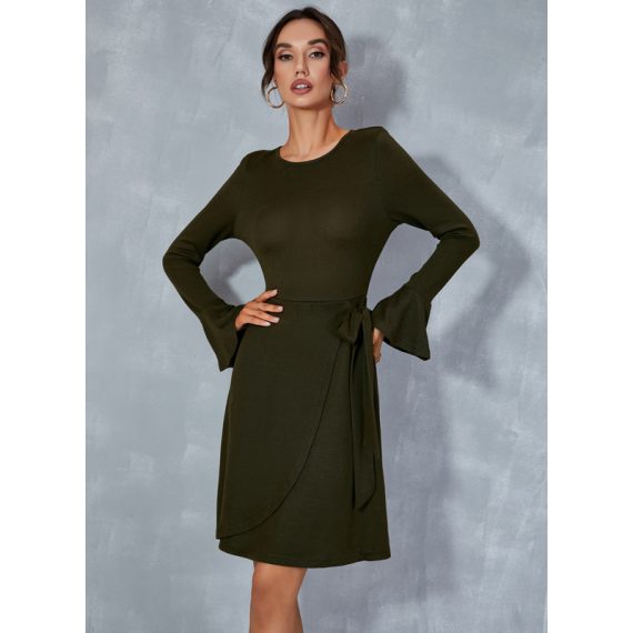 Round Neck Long Sleeves Casual A-line Cotton Blends Mini Dresses