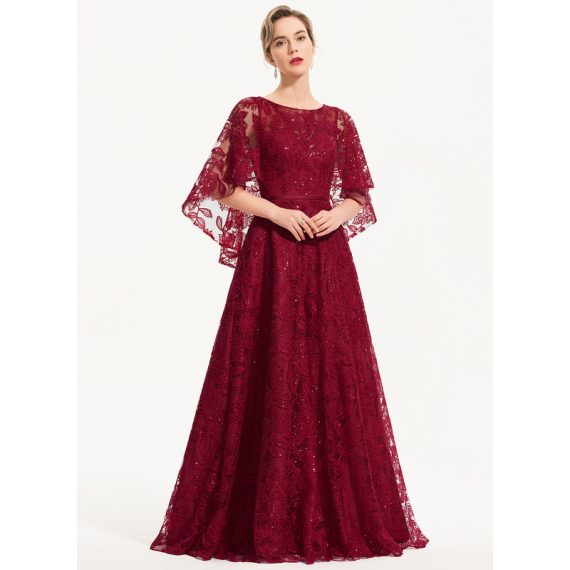 A-Line Scoop Floor-Length Lace Evening Dress With Sequins