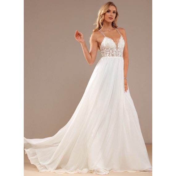A-Line V-neck Sweep Train Chiffon Lace Wedding Dress With Beading Sequins