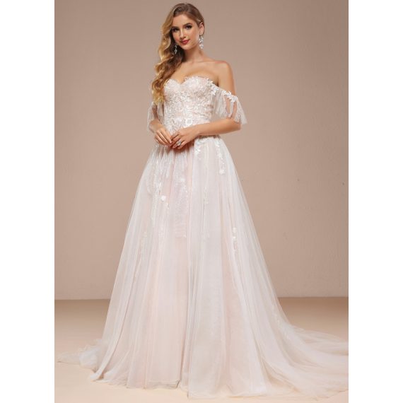 Ball-Gown/Princess Sweetheart Off-the-Shoulder Court Train Tulle Lace Wedding Dress With Ruffle Sequins