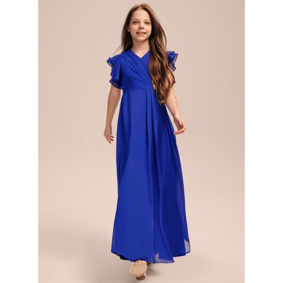 A-Line V-neck Floor-Length Chiffon Junior Bridesmaid Dress With Pleated
