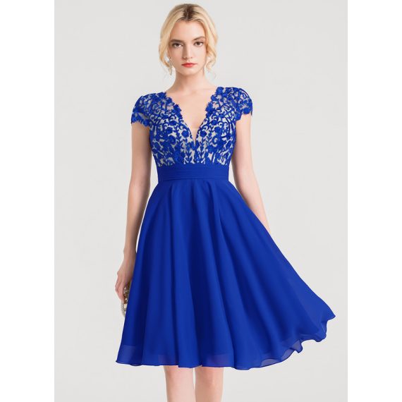 A-Line V-neck Knee-Length Chiffon Lace Cocktail Dress With Ruffle