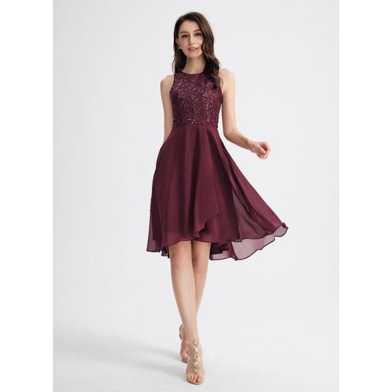 A-Line Scoop Asymmetrical Chiffon Lace Cocktail Dress With Sequins