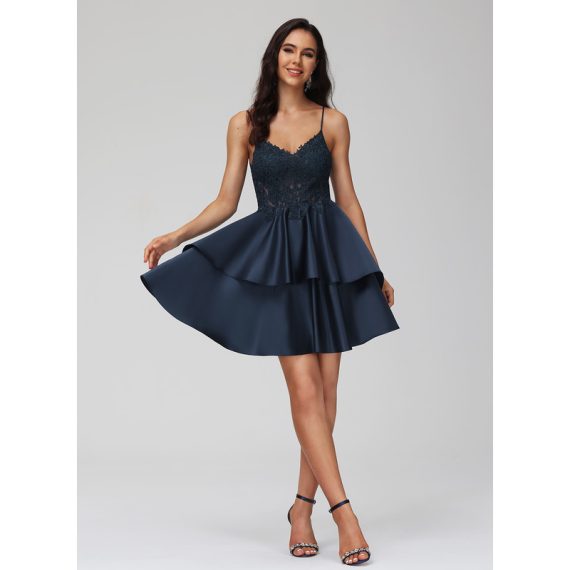 A-line V-Neck Short/Mini Lace Satin Homecoming Dress