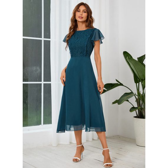 Round Neck Short Sleeves Elegant A-line Chiffon Midi Dresses