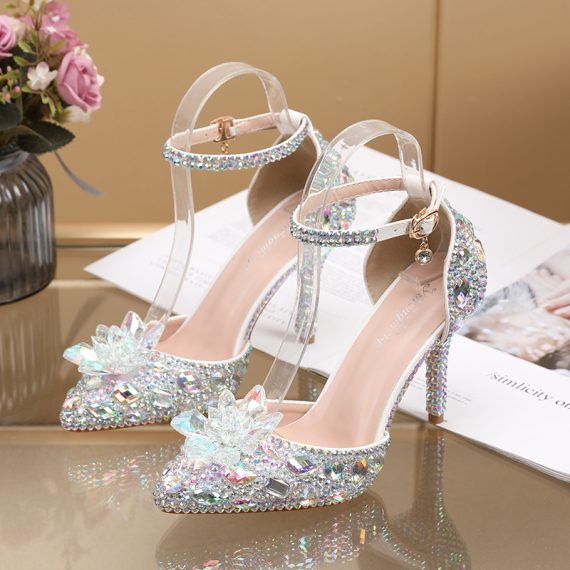 Women's Leatherette Stiletto Heel High Heel Closed Toe With ankle strap Rhinestone