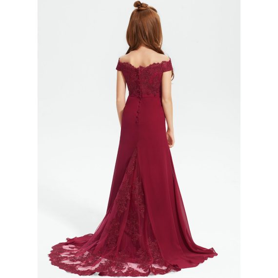 Trumpet/Mermaid Off-the-Shoulder Court Train Chiffon Lace Junior Bridesmaid Dress