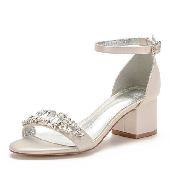 Women's Satin High Heel Block Heel open Toe With ankle strap Rhinestone