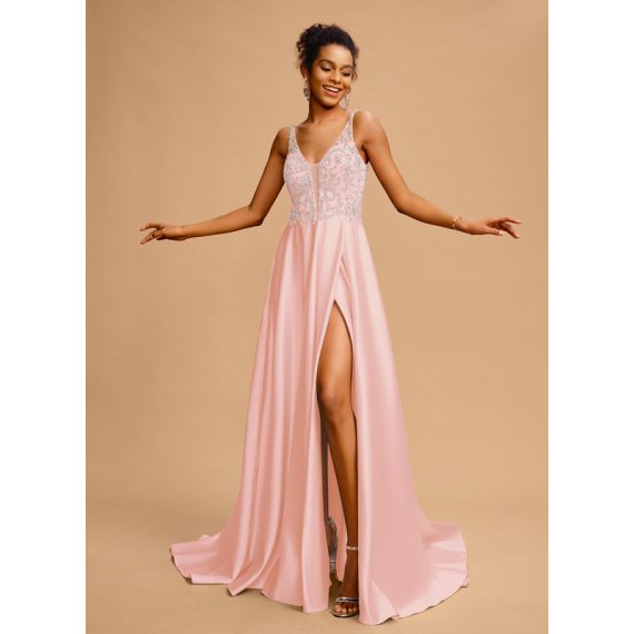 Ball-Gown/Princess V-neck Sweep Train Satin Prom Dresses With Beading